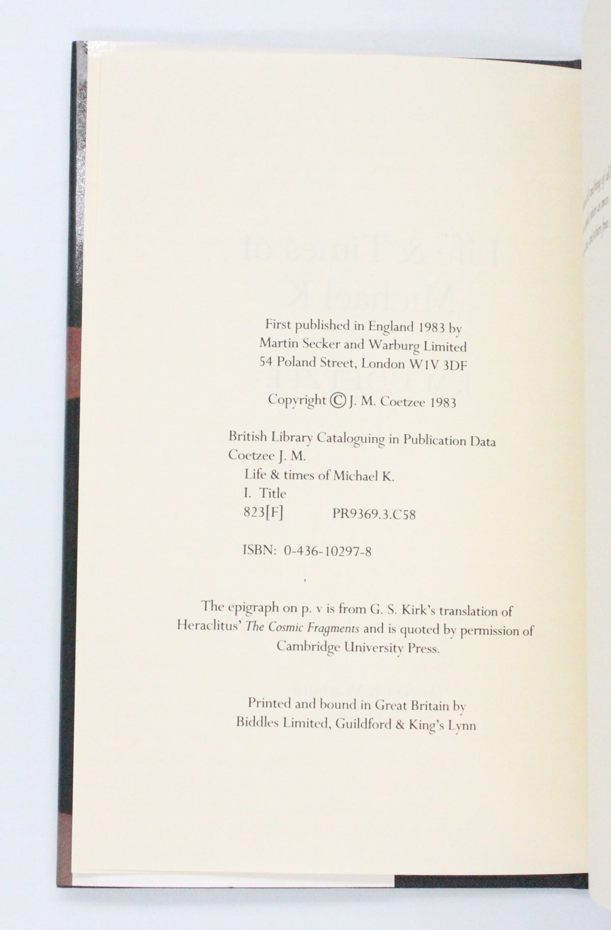 1984 Life & Times of Michael K by J. M. Coetzee