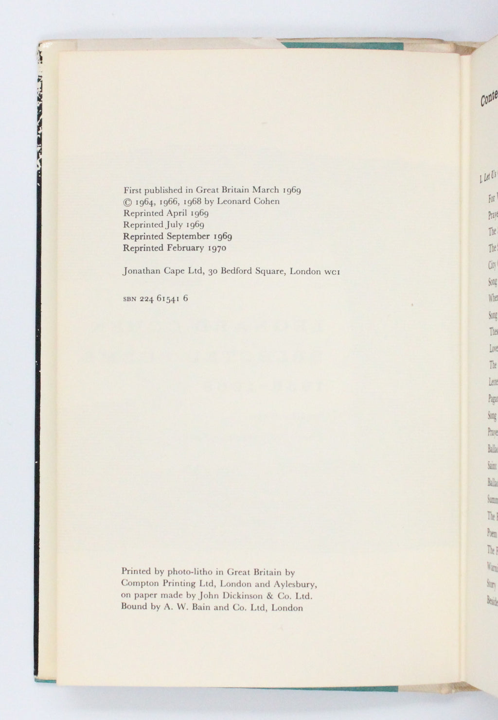 1970 Selected Poems 1956-1968 by Leonard Cohen