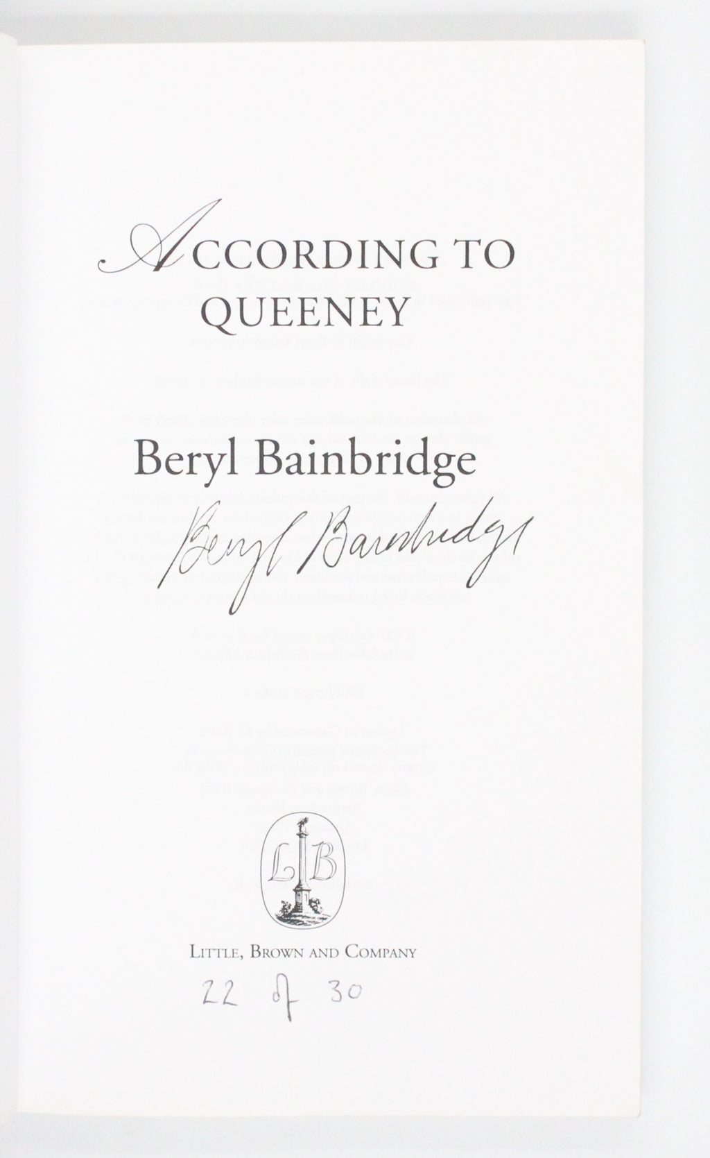 2001 According to Queeney by Beryl Bainbridge