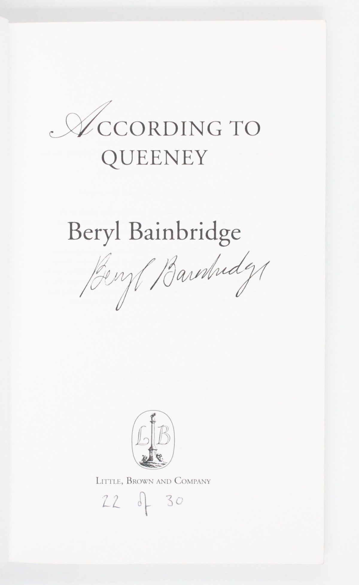 2001 According to Queeney by Beryl Bainbridge